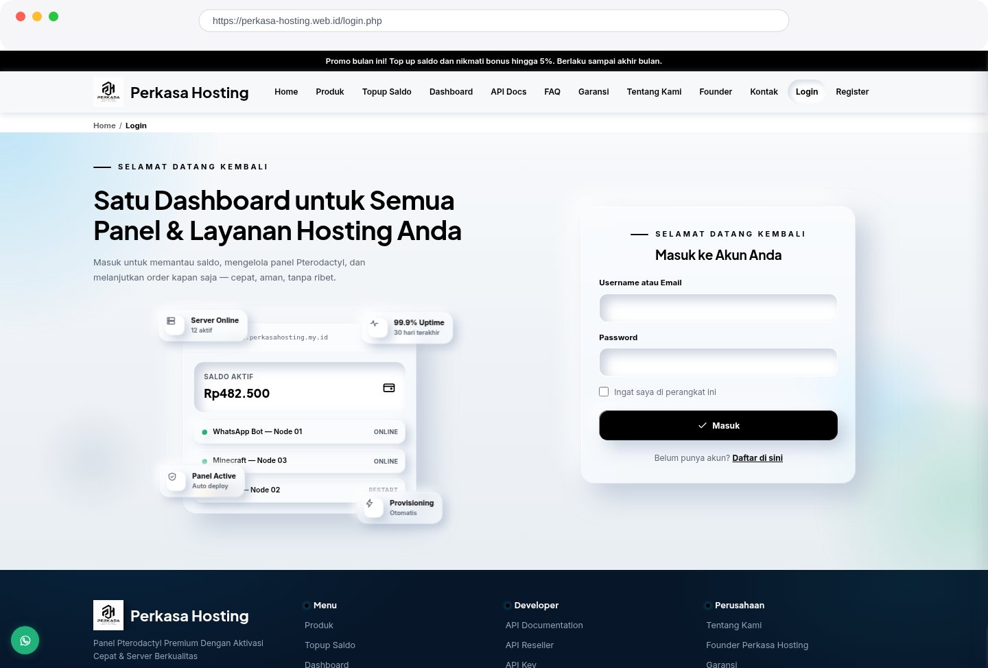Halaman login Perkasa Hosting Indonesia