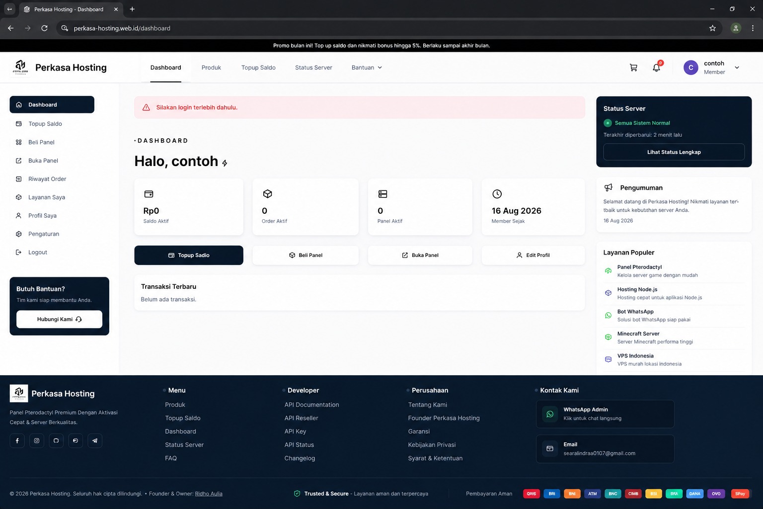 Dashboard user Perkasa Hosting Indonesia